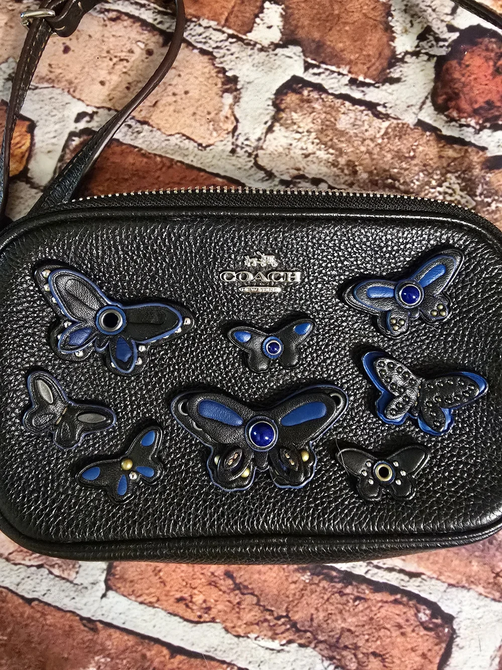 COACH Black Leather Crossbody with Blue Butterfly Appliqués F59070
